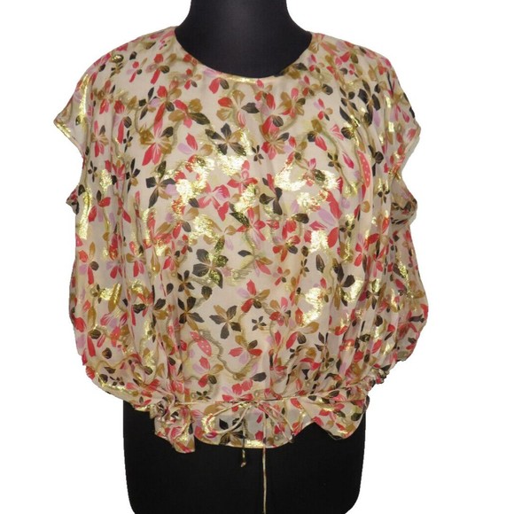 Diane Von Furstenberg Silk Blouse Cream Gold Pink Floral Drawstring, Size 12 - Picture 2 of 13